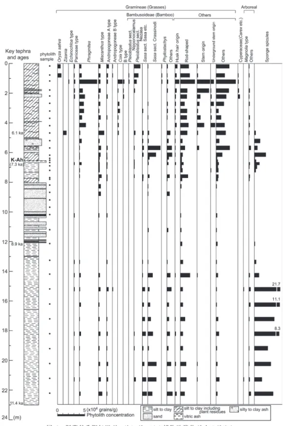 図 6　 阿 蘇 谷 千 町 無 田 ボー リ ン グ コ ア の 植 物 珪 酸 体 ダ イ ア グ ラ ム． Fig. 6　Phytolith diagram of Senchomuta drilling core in the Asodani Valley.