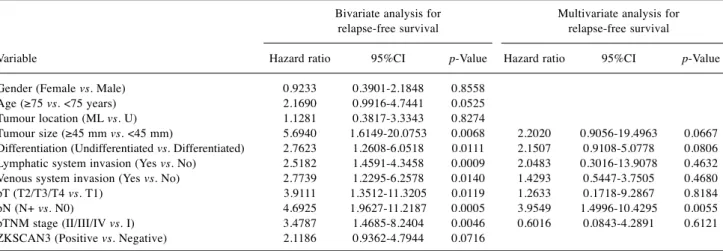 Figure 2. Postoperative relapse-free survival of patients with or without expression of ZKSCAN3 in their gastric carcinoma, analysed using the Kaplan–Meier log-rank test.