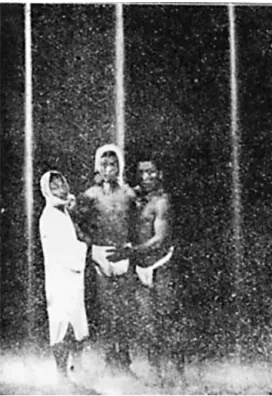 Fig. 1 Waterfall practice at Nissekiji Temple Two Goriki retain a schizophrenic farmer (center) for the duration of the bath.