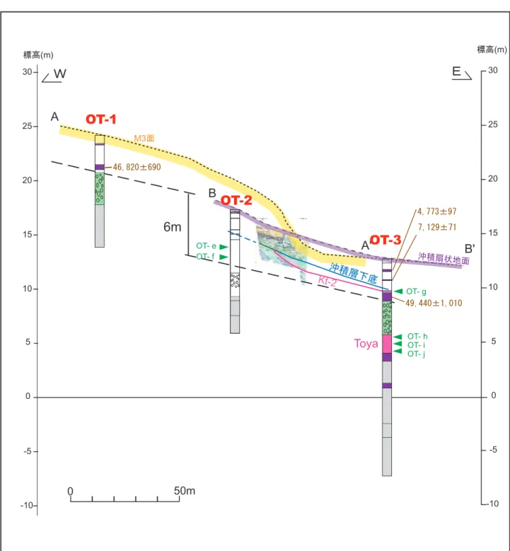 Fig. 16. Topographic and geologic cross section of the Oshamambe site.