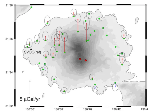 Fig.  3  Arrows  and  ellipses  indicate  the  gravity  variation  rates  relative  to  SVOG  during  2006-2018  and  those  standard deviations, respectively