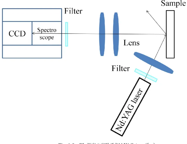 Fig. 3-6 及び Fig. 3-7 に PLE 測定の実験系を示す。Fig. 3-6 はフォトマルを使用して測
