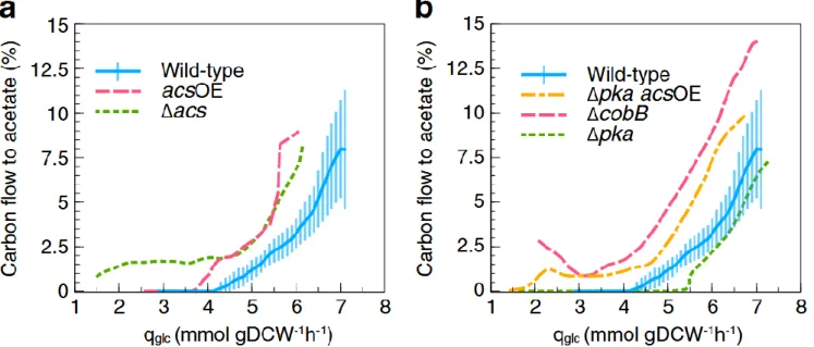 Fig. 2  Specific glucose consumption rate ( q glc )-dependent carbon flow to acetate in  E