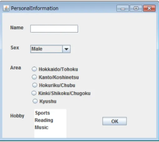図  4-8  抽象 GUI 情報のみ変更したサンプルプログラム実行結果  抽象 GUI 情報を変更する事により，ラジオボタンやコンボボックスといった選択エ レメントを変更できることを確認した．①と同じ CIM・PIM でも，違う GUI を生成す ることができ，GUI 設計の独立性を確認できた．  5