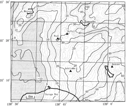 Fig． １ ３． Bouguer gravity anomaly around Fuji Volcano by Komazawa（２ ０ ０ ０） ．Density is assumed to be２． ３g／cm ３ ． Unit in mGal．