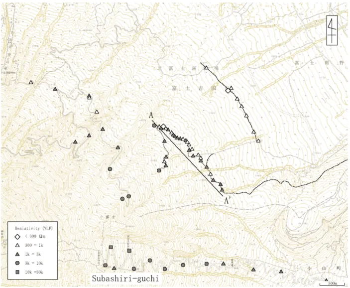 Fig． １ ５． Location of the measuring points of electromagnetic observations in the northeastern foot of Fuji Volcano．Apparent resistiv- resistiv-ity by VLF‐MT is classified by marks．A‐A' indicates survey line crossing the fumarolic zone．
