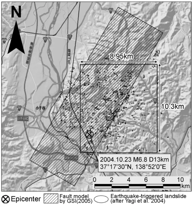 図 4.1  中越地震の震央及び地震断層・地震地すべり斜面の分布と検討範囲  4.2.2  広域に得られる地形・地質情報の整理  本研究は事後解析に留まらず，今後ある地域で地震を想定した際などに予測が行えるような 手法を検討することを目的とするため，広域に一定の精度で得られる 1/25,000 地形図および 1/50,000 地質図レベルの地形・地質情報を用いて分析を行った。一連の処理には GIS ソフトウ ェア ArcView を用いた。  収集したデ－タははじめに，50m メッシュ毎の局所デ－タとして整