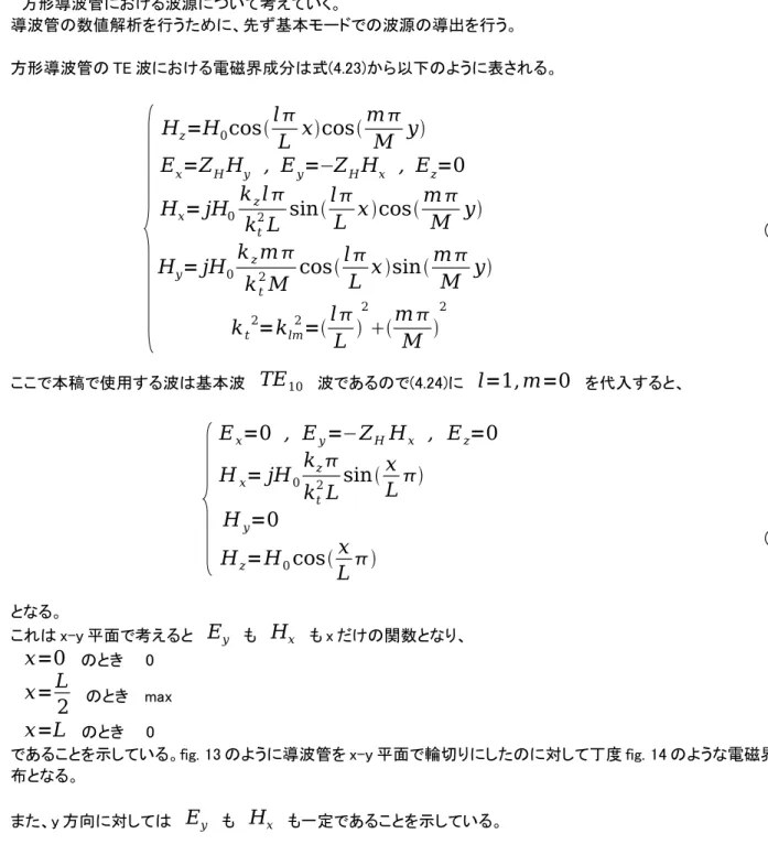 fig. 13: 方形導波管の切口 fig. 14: 強度分布 4.2.矩形導波管における波源の導出　方形導波管における波源について考えていく。導波管の数値解析を行うために、先ず基本モードでの波源の導出を行う。方形導波管の TE波における電磁界成分は式(4.23)から以下のように表される。             Hz=H0coslLxcosmMyEx=ZHHy, Ey=−ZHHx, Ez=0Hx=jH0kzlkt2LsinlLxcosmMyHy=jH0kzmkt2Mcosl