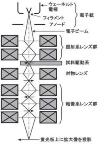 Fig. 2.9  電子光学系の配置  コイルの励磁電流を変化させて焦点距離を調整できることがガラスレンズと は異なる利点であり、照射領域調整、焦点合わせ、観察モードの切り替え、拡 大倍率の調整などは全てそれぞれの機能に係わるレンズコイルの励磁電流を 調整して行われる。 照射系レンズ群は、電子銃で発生した電子ビームを様々な状態に整形して試料 上に伝達させる役目を持つ。TEM  像を観察する時には視野領域を均一で平行 なビームで照射するモードが適用される。また極微小領域の分析を目的とする ときには nm  オ