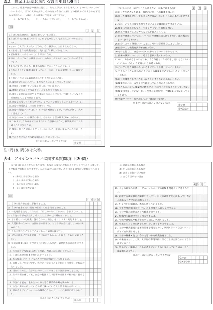 表 3 ．職業未決定に関する質問項目（ 38 問）