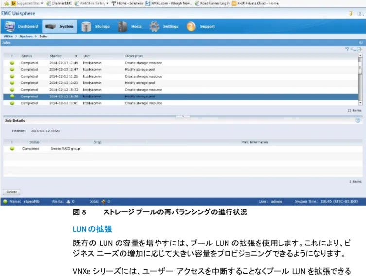 図 8  ストレージ プールの再バランシングの進行状況  LUN の拡張  既存の LUN の容量を増やすには、プール LUN の拡張を使用します。これにより、ビ ジネス  ニーズの増加に応じて大きい容量をプロビジョニングできるようになります。  VNXe シリーズには、ユーザー  アクセスを中断することなくプール LUN を拡張できる 機能があります。プール LUN の拡張は数回クリックするだけで実行でき、拡張した容 量はすぐに使用できます。ただし、データ保護または LUN 移行操作の対象である プール 