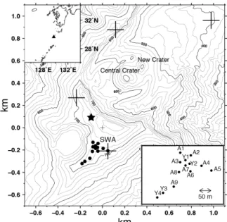 Fig. 1 Location and configuration of the seismic  array. The upper insert shows the location of  Suwanose-jima, and the lower inset shows the  configuration of the array