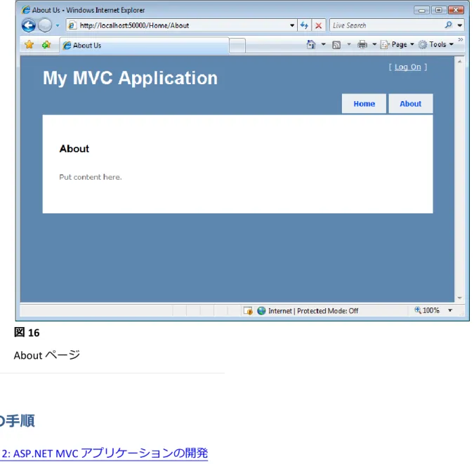 図 16  About ページ  次の手順  演習 2: ASP.NET MVC ゕプリケーションの開発  演習 2: ASP.NET MVC ゕプリケーション の開発  この演習では、コントローラー、ビュー、およびモデルを作成するプロセスを実行すること で、ASP.NET MVC ゕプリケーションの開発方法について学習します。  ここでは、顧客の一覧をページ単位に表示する ASP.NET MVC ゕプリケーションをビルドし ます。このゕプリケーションでは、顧客情報を表示して、その顧客の住所を作成、編集、お