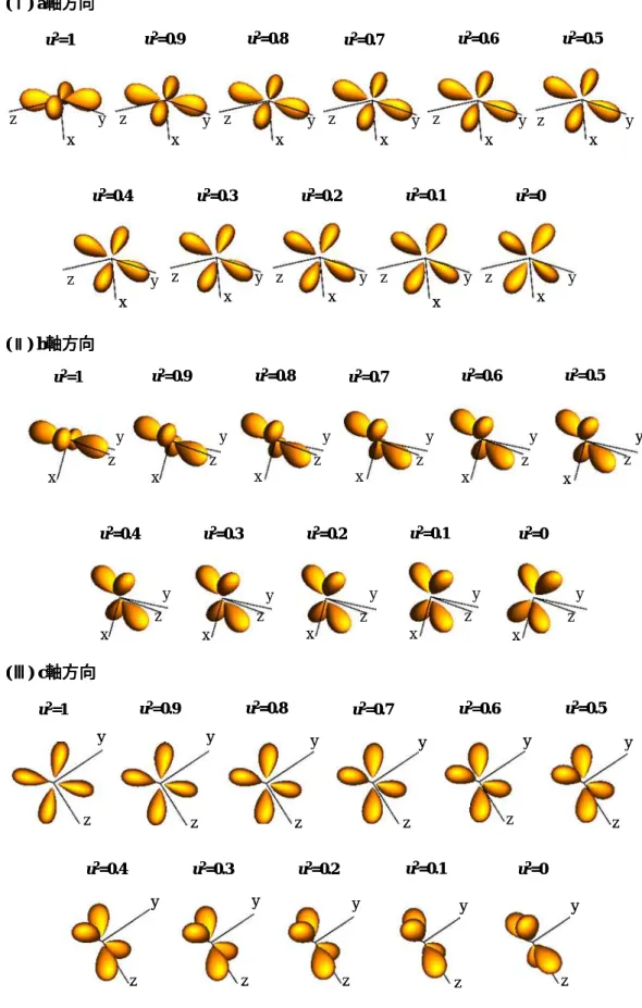 図 4-3    パラメーターu,  v による波動関数の変化。(I)a 軸投影図,  (II)b 軸投影図, 