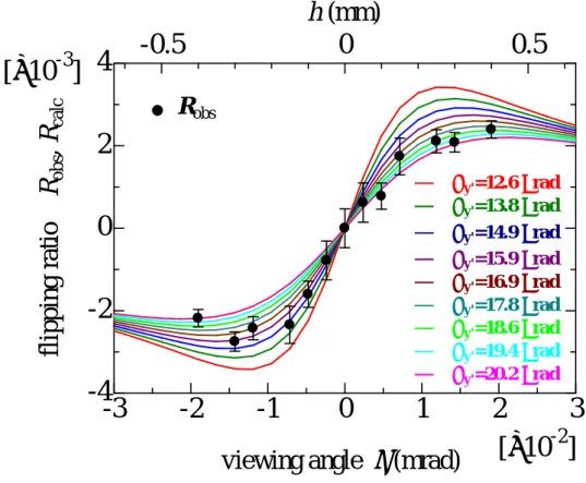 図 4-6    実測した Fe220 反射の flipping  ratio  R obs （黒丸）と様々な y’ に対し て得られた R cal （実線）との比較。 y’ は 12.6μrad~20.2μrad まで変化させた。