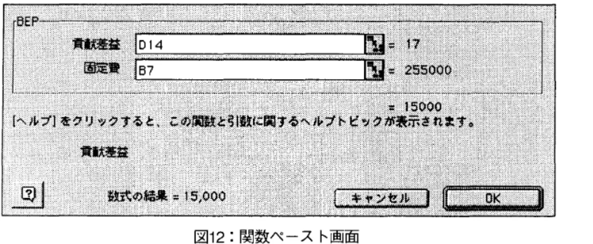 図 12 :関数ぺース卜画面 設問 2 については、損益分岐点を求める計算は必要ないので、ここでは特に説明を加えない。 また、設問3 については、データ入力画面におけるセールス・ミックスを変更した上で、設問 l と同様にユーザー定義関数 BEPO を利用すれば簡単に解くことができるので、ここでは説明 を繰り返さない。 4  例 示2:資本予算 ここでは、以下の例題を用いて、投資の正 P 粍見価・利益率を求める場合を考えていく O 例題 2 (加藤等 [ 1 9 8 4 ， ] p 