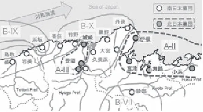 Figure  5.　Distribution  of  the  Southern  and  the  Northern（underlined）population  medaka  in   Taji-ma-Tango  area  in  Japan