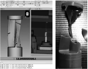 図 11  シミュレーション（左）と実加工（右）の比較  的な学習を進めることが可能になると考えられる。  VERICUT は本校の多軸加工機に合わせたカスタマイ ズがなされており、実加工に対する再現性が極めて高い ことから、シミュレーションであっても実機同様の学習 効果が期待できる。図 11 に再現性を検証するテストとし て、安全な樹脂製材料を用いた衝突を行い、シミュレー ションと実機の比較を行った様子を示す。樹脂製材料が 割れる様子が再現されており、シミュレーションの有用 性が確認できる。さらに、 VE