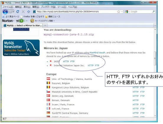 図 2-6 mysql-connector-java-5.1.13.zip のダウンロードサイトの選択