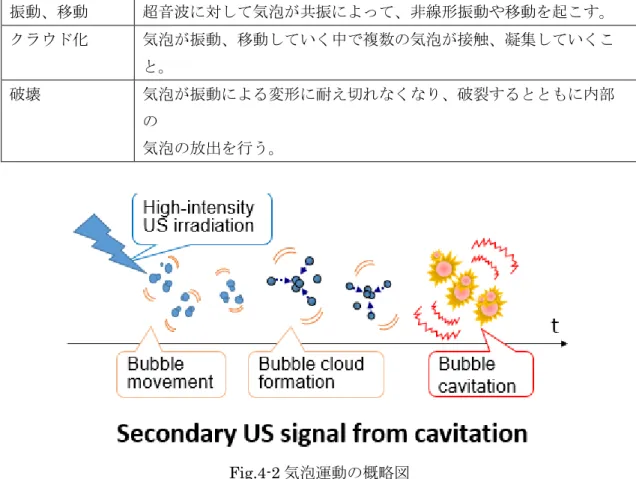 表 4-1．気泡ダイナミクスの例  Fig.4-2 気泡運動の概略図  これらの現象に対応する超音波の信号は、気泡の非線形振動(安定型キャビテーション)は 照射した強力超音波の周波数の n 倍の周波数の信号で観測される。次に気泡の移動につい ては個々の気泡の移動は見られないが、気泡群の移動は超音波信号の移動によって評価す ることができる。気泡の破壊(崩壊型キャビテーション)はごく短い時間で大きな信号を発 生させるので、インパルス信号として広帯域の周波数成分を持った信号が検出される。  これらの現象は同時多発
