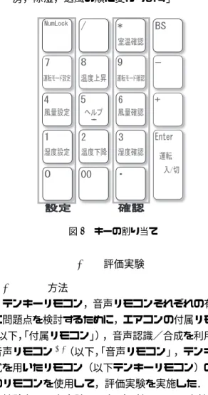 図 1 テンキーリモコンのシステム図 エアコン用リモコンの機能については以下の通りで ある． • 運転オンオフ／確認（運転開始時に室温と湿度設 定を取得） • 運転モード設定／確認 • 室温設定／確認 • 湿度設定／確認 • 風量設定／確認 • ヘルプモード 上記の「確認」とは現在の設定状況を確認する機能 であり，ユーザーは通常この機能でリモコンの液晶画 面に表示されている内容を知ることができる． また，試作に当たって新しくヘルプモードを設けた． これは，ヘルプボタンを押すと切り替わるモードで， その状態で