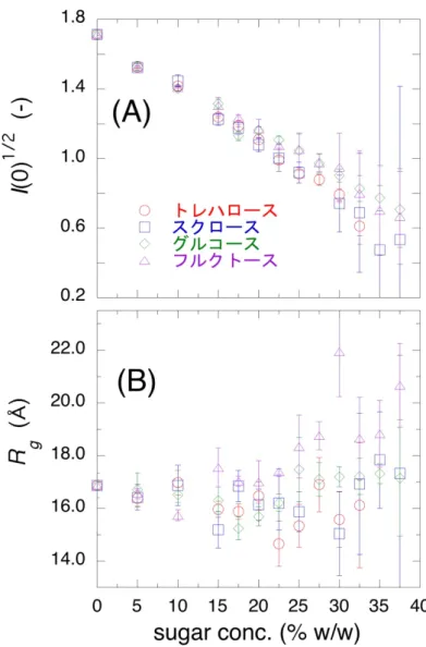 図 4.3.   ミオグロビン WAXS 曲線から得られた (A) 原点散乱強度の平方根 I(0) 1/2 、及び (B) 回転半径 R g の糖濃度依存性。丸はトレハロース溶液中、四角はスクロース溶液中、