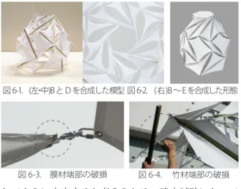 図 6-3.　膜材端部の破損 図 6-1.　(左・中)Bと D を合成した模型 図 6-2.　(右)B〜Eを合成した 形態図 6-4.　 竹材端部の破損 図 5-1.　 建方順序❺ ❸❹❶❻❷ユニット①を接合する1 層目を持ち上げながらユニット②を接合する最後の 2 つは内力が最大になるので思い切り引きながら接合する ターンバックルを締め上げて張力を導入し、安定させる更に持ち上げ 順序よくユニット③を接合する釣り合いを取りながら対角の 2 つずつ接合する