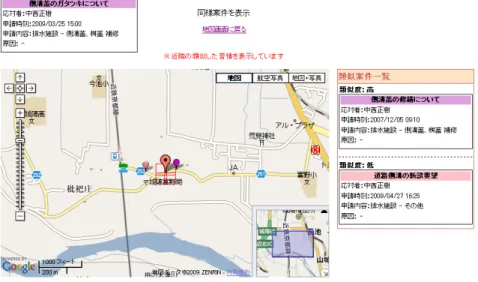 図 6 案件の種別選択の例 4. 適 用 事 例 3 章では，データマイニングの適用とそこから得られた課題をどのようにしたら解決に向 けることができるかを述べた．そして，以下にそのシステムへの適用と評価について述べる． 4.1 システムへの適用 著者らは，維持管理業務を支援するシステム（ “ 京都道守くん ” ）を開発・導入してきた． このシステムに「原因属性の追加」， 「近隣案件画面」の機能を追加した．具体的には， 「原 因属性の追加」に関して，データベースの概念スキーマに「原因」カラムを付加した．イン 