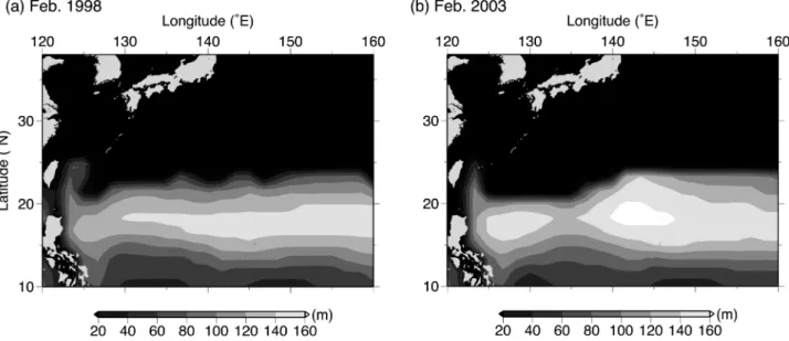 Figure 9. Longitude vs. year plots for the northern limit of the  PMH for skipjack tuna in February from 1990 to 2006.