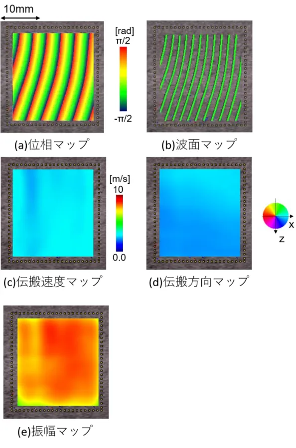 Fig. 5-1-3 (a)位相マップ,(b)波面マップ,(c)伝搬速度マップ  (d)伝搬方向マップ,(e)振幅マップ 