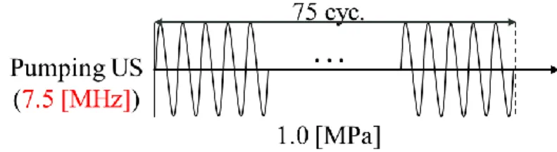 Fig. 4-3.  実験Ⅰの照射シーケンス  ＜実験Ⅱ  :  異なるキャビテーション観測に対する信号観測＞  超音波造影剤として、ソナゾイド懸濁液を用いた。注射溶液として調製したときのソナゾイドの平 均直径は 3[µm]、個数濃度は1.2 × 10 9   [個/ml]  である。このとき、直径  2 [mm],  深さ  30 [mm] の導入孔を用いた。  ソナゾイドの個数濃度をパラメータとして用いて、100 倍(  1.2 × 10 7   [個/ml] )に希釈した濃度で 実験を行い比較した。こ