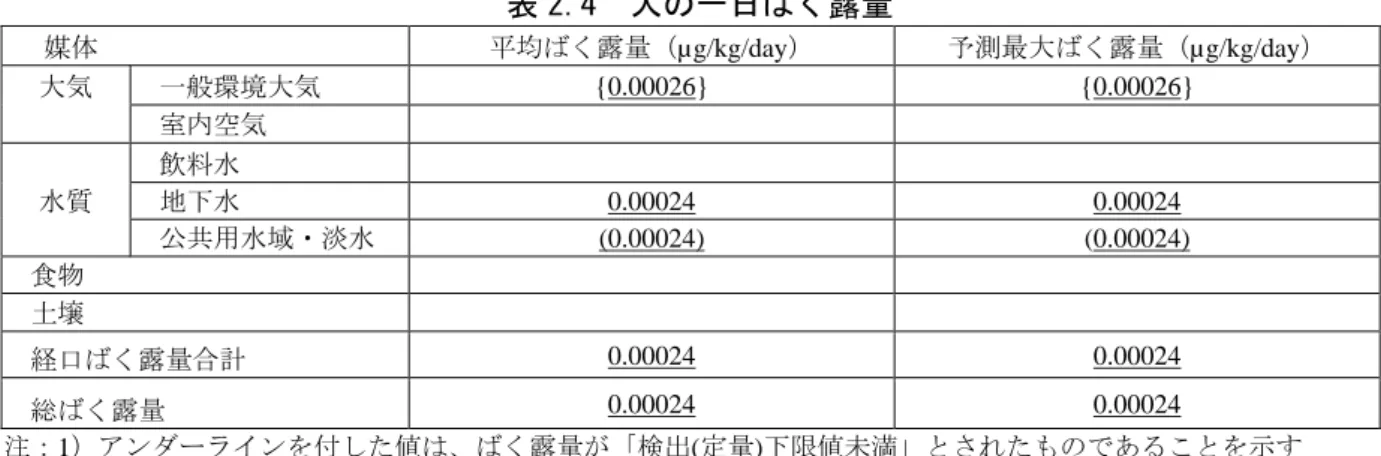表 2.4  人の一日ばく露量      媒体      平均ばく露量（µg/kg/day）  予測最大ばく露量（µg/kg/day）  大気    一般環境大気  {0.00026} {0.00026}        室内空気        飲料水  水質    地下水  0.00024 0.00024        公共用水域・淡水  (0.00024) (0.00024)    食物        土壌        経口ばく露量合計  0.00024 0.00024    総ばく露量  0.0002