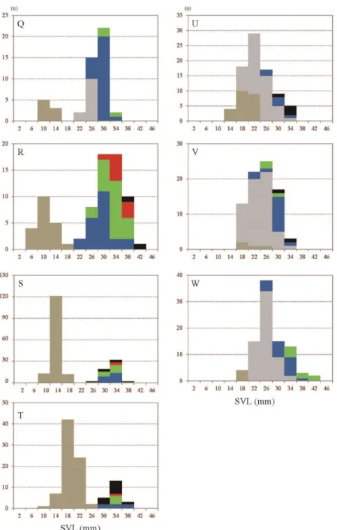 Fig. 4-3. Size frequency histograms with composition of developmental stages of  larva H