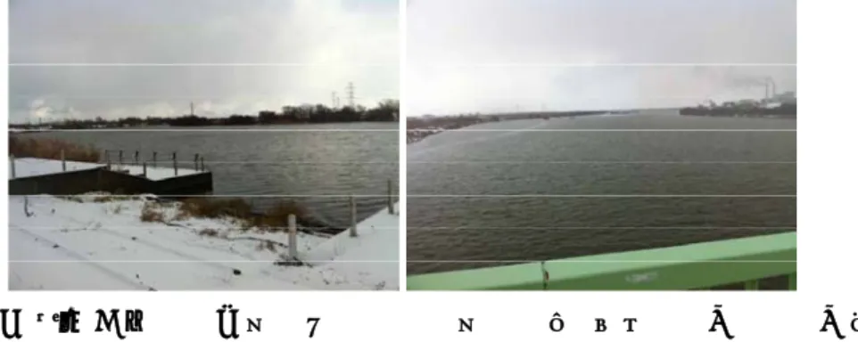 図 3.2 に写真を示すように、北海道からは利用人口の多い石狩川水系本流の代表的環境 基準点である石狩大橋付近（北海道江別市）と、その派流の茨戸川の樽川との合流地点（北 海道石狩市）の 2 地点とした。前者は周辺に製紙工場が立地しており、河口からの距離が 十分(30 km 以上)であるために感潮域ではないと仮定して選定したが、感潮する場合もある ことがわかっている。後者は札幌市ほかの下水放流水の寄与が大きく、BOD 年平均値が北 海道内でも最も高い地点の一つである。  図 3.2  北海道地方の採水地点付近