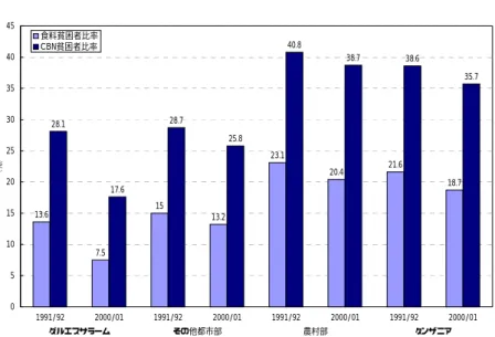 表 1-3 の貧困人口で見ると、貧困率の若干の低下は、貧困人口の減少にはつながってお らず、食糧貧困人口はおよそ 530.5 万人から 596.5 万人と 12％増加している。また、CBN