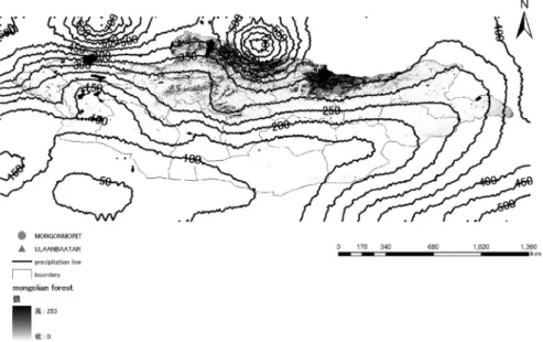 Figure .4 The distribution of forest cover (250m  resolution MODIS) and the annual average precipitation in 1961- and the annual average precipitation in 1961-1990