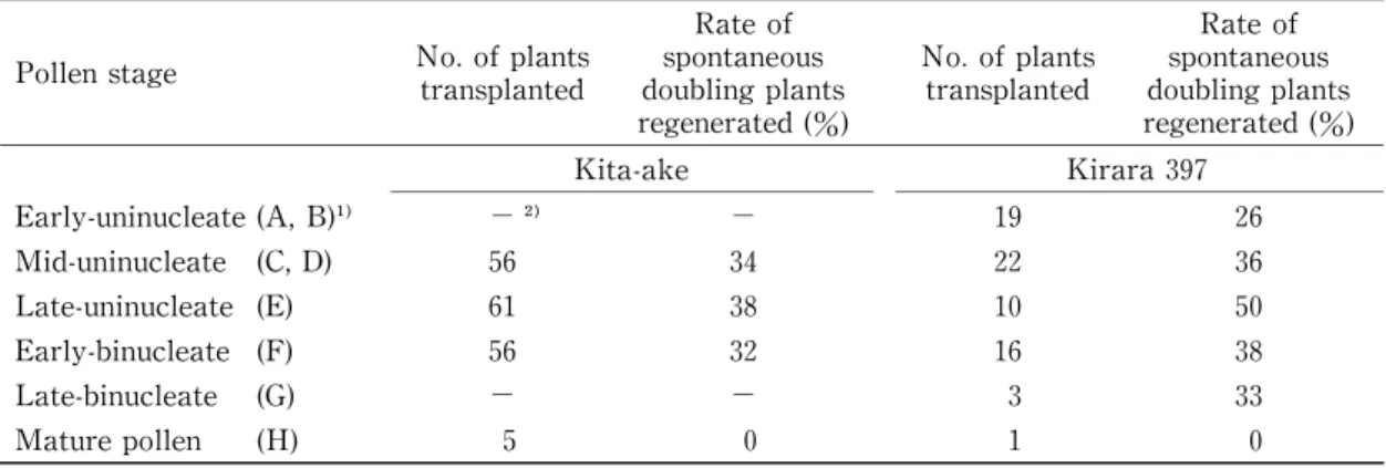 Table 3. Rate of spontaneous doubling plants regenerated from  the calli derived from  anthers at different pollen developmental stages