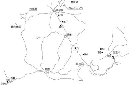 図 4. 根釧管内における土壌試料採取地点 図 5. 網走管内における土壌試料採取地点 表 1． 試料の採取地点と母材 地点No. 採取場所 層位 略号 コード 層深（cm) 腐植 ・ 礫 土性 火山灰名記号 胆振管内 1 追分町協和 A   O 03 E50 0‑26 ・富む S   Ta-a 2 A 26‑65 すこぶる富む ・ L   Ta-d 3 A 65‑105 ・含む L   En-a 3 Bw 105‑139 ・すこぶる富む SL   En-a 2 追分町中安平 A   O 03 E50 0‑