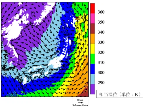 図 2.2.4.11  佐呂間竜巻発生時の風向・風速および相当温位の分布（海抜 500 m 高度）