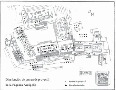 図 15 西アクロポリス建築複合の防御壁と尖頭器の分布