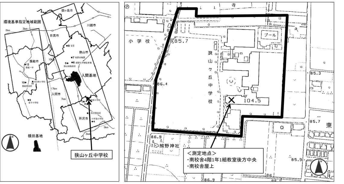 図   測定地点     ＜測定地点＞  ・南校舎4階1 1 組教室後方中央  ・南校舎屋上 狭山ヶ丘中学校  埼玉県ＨＰ 平成 度航空機騒音常時測定結果について   を基に作成 