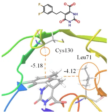 図  9.  誘導体  5  と Leu71, Cys130  間の相互作用(kcal/mol) 
