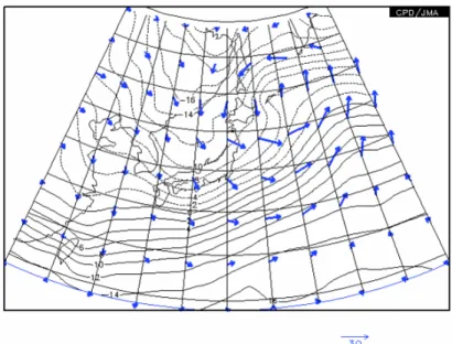 図 ３ 	 図２と同じ 2013 年 3 月 2 日の 850 hPa 天気図。ただし等値線は温度で 2℃間隔。（気 象庁データから作図）