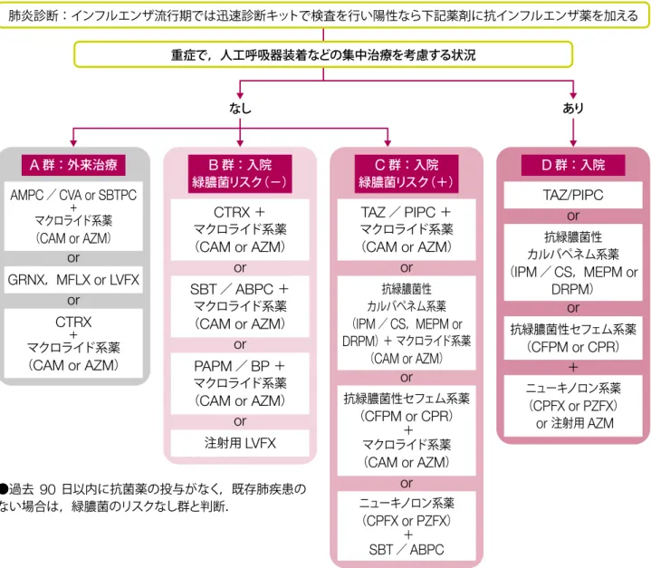 図 2 ．生物学的製剤投与中の肺炎における抗菌薬選択の実際 日本呼吸器学会（編）．生物学的製剤と呼吸器疾患・診療の手引き． 2014 ， p41.AMPC／CVA or SBTPCマクロライド系薬+（CAM or AZM）A群：外来治療GRNX，MFLX or LVFXCTRX+マクロライド系薬（CAM or AZM）oror抗緑膿菌性カルバペネム系薬（IPM／CS，MEPM orDRPM）D群：入院TAZ/PIPCor＋CTRX ＋orマクロライド系薬（CAM or AZM）SBT／ABPC ＋マクロライ