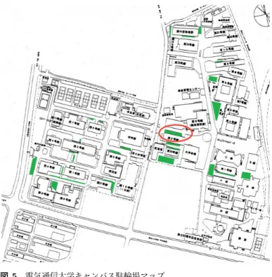 図 5 電気通信大学キャンパス駐輪場マップ ( 緑塗色部は駐輪場，赤丸部は調査地点の東 2 号館前駐輪場を示す ) 車を保管する土地の広さが十分でない事から，撤去活動の 実施は年数回程度に留まっていた．この他，大学では放置 駐輪対策の取り組みとして，キャンパス内で利用する自転 車登録制度の周知，登録時に学内駐輪場を記載したチラシ 配布，駐輪規範の啓発活動や，放置駐輪の多発箇所での駐 輪禁止を明示した看板やポスターの設置を実施している． 5.2 調査対象自転車車両の概要 これまでの研究 [2] では，放置駐輪
