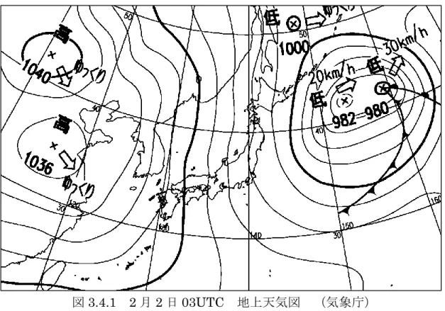 図 3.4.2 は 2 日 00UTC における 975hpa の風向を Wvis により可視化したもので ある。本州日本海側の地域には北西風が卓越して流入していることがわかる。さらに 着目すべきは新潟付近と鳥取付近に二ヶ所の下層風の収束帯が存在していることで あり、これらが日本海寒帯気団収束帯(JPCZ) 2   であると考えられる。 