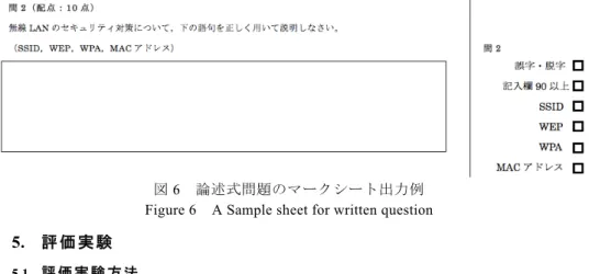 図 6   論述式問題のマークシート出力例  Figure 6    A Sample sheet for written question  5.  評 価 実 験