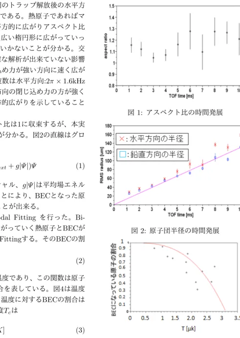 図 1: アスペクト比の時間発展 図 2: 原子団半径の時間発展 図 3: Bimodal Fittingの結果図1は15 ms蒸発冷却を行った原子団のトラップ解放後の水平方向/鉛直方向のアスペクト比のグラフである。熱原子であればマクスウェルボルツマン分布に従い、等方的に広がりアスペクト比は1:1に収束する。図2から水平方向に広い楕円形に広がっていっており、アスペクト比は1に収束していかないことが分かる。交差領域外に原子が残ってしまい、正確な解析が出来ていない影響が出ている。BECはトラップの閉じ込め力が強