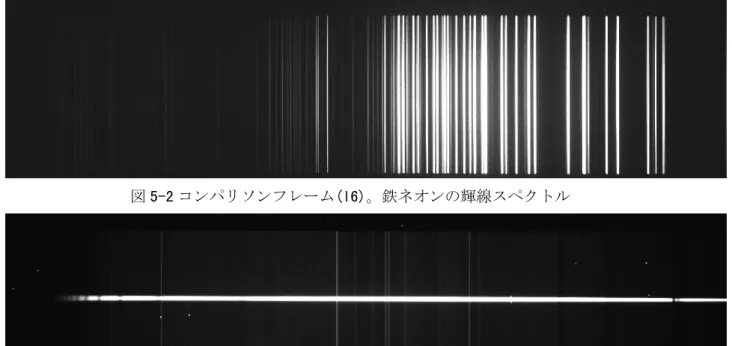 図 5-2 コンパリソンフレーム(l6)。鉄ネオンの輝線スペクトル  図 5-3 オブジェクトフレーム(l7)。ABAur のスペクトル。縦に線として写っているのが空のスペク トル（スカイバックグラウンド）。横一本の線が ABAur のスペクトル。  図 5-4 フラットフレーム(l35)。  (5)  バイアスフレームの合成：imcombine  宇宙線イベントがあるフレームを使用しなくても良いですが、画像が複数ある時は imcombine のシ グマクリップ機能を使って、複数の画像の同じピクセルに対して