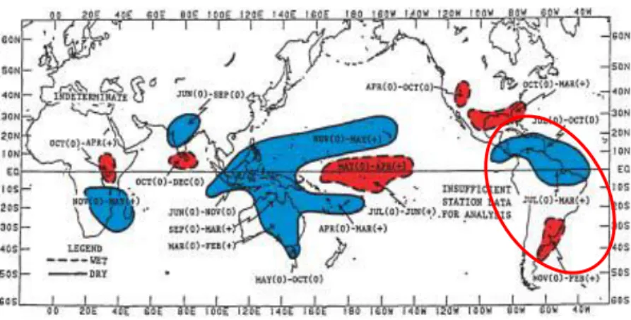 図 10 エルニーニョ発生時に降雤異常が起きやすい地域(Ropelewski and Halpert,1987 より)エルニ ーニョが発生すると実線で囲まれた地域＇赤（は降雤量が多く，実線で囲まれた地域＇青（は降雤量 が減尐する傾向にある．ラニーニャ発生時には逆の傾向になる．  本研究では，やはり二つのデータの差を取る簡便な手法で ENSO に伴う重力の変化を検出する ことを試みる。GRACE データを使って，エルニーニョ期の 2010 年 2 月とラニーニャ期の 2009 年 2 月の重力差＇図 11(a